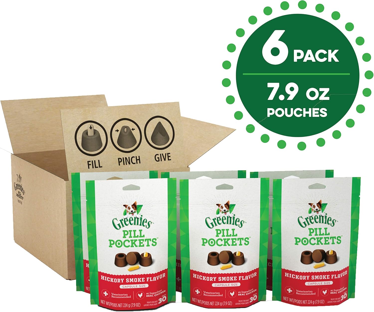 Greenies Pill Pockets for Dogs, Hickory Smoke Flavor, Capsule Size - 6 Packs (180 Treats)