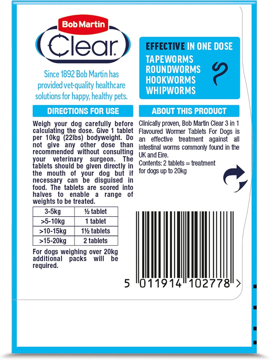 Bob Martin Clear 3-in-1 Wormer for Dogs and Puppies Up to 20kg - 2 Tablets