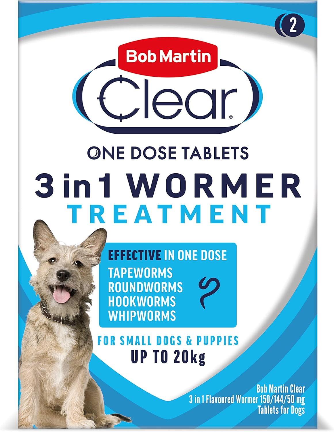 Bob Martin Clear 3-in-1 Wormer for Dogs and Puppies Up to 20kg - 2 Tablets